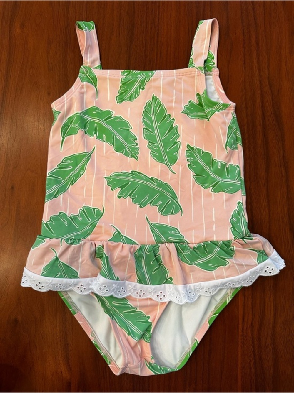 TBBC Girls Pink Tropical Leaf Ruffle One-Piece Swimsuit size 5
